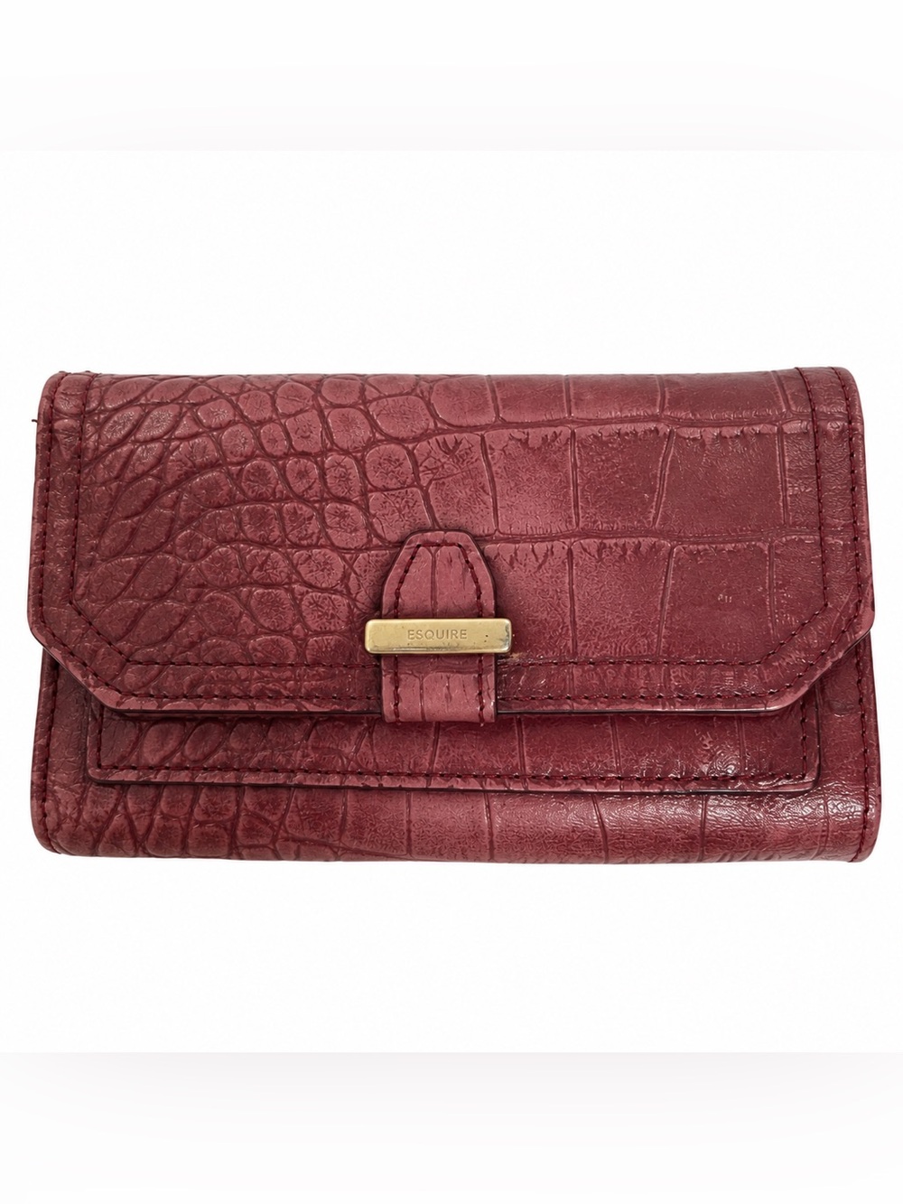 Esquire Burgundy Croc Embossed Leather Wallet Trifold Organizer Gold Hardware